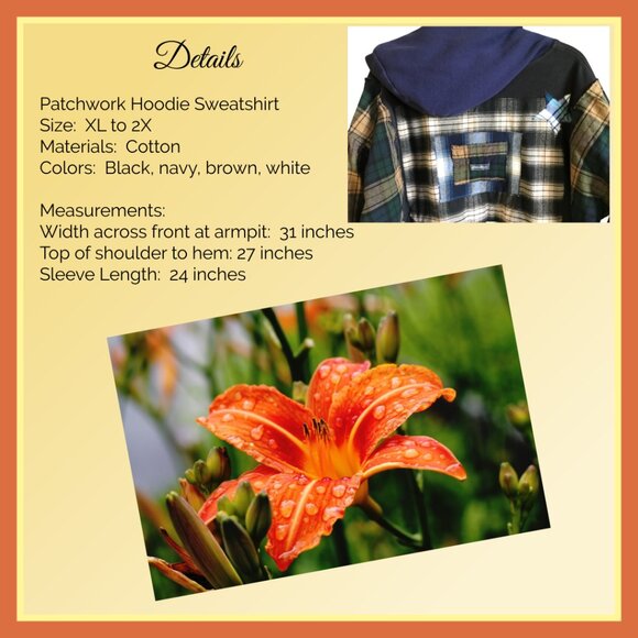 Upcycled Waffle Knit Hoodie: Plus Size XL-2X, Plaid Patches & Appliquéd Stars - Picture 4 of 13